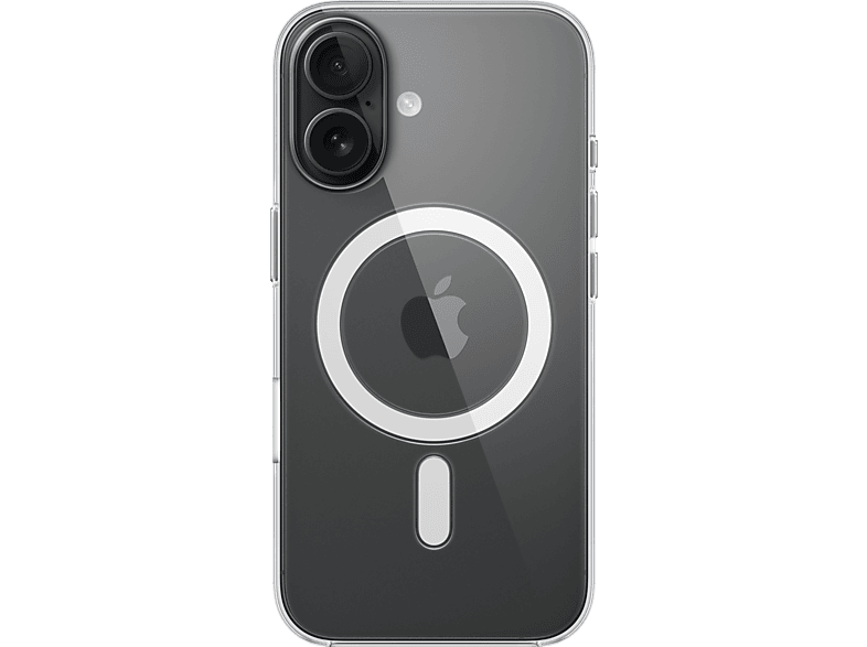Coque de téléphone transparente avec module caméra et logo Apple. Fond noir, cercle blanc.