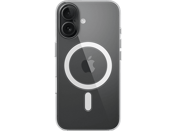 Coque de téléphone transparente avec module caméra et logo Apple. Fond noir, cercle blanc.