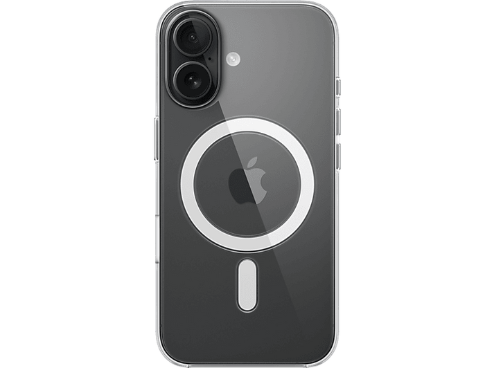 Coque de téléphone transparente avec module caméra et logo Apple. Fond noir, cercle blanc.