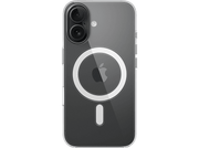 Coque de téléphone transparente avec module caméra et logo Apple. Fond noir, cercle blanc.