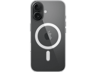 Coque de téléphone transparente avec module caméra et logo Apple. Fond noir, cercle blanc.