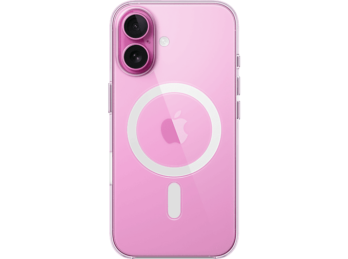 Une coque d'iPhone rose avec un dos transparent et un MagSafe circulaire blanc.