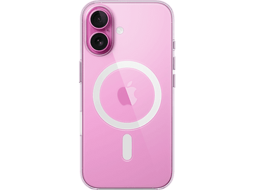 Une coque d'iPhone rose avec un dos transparent et un MagSafe circulaire blanc.