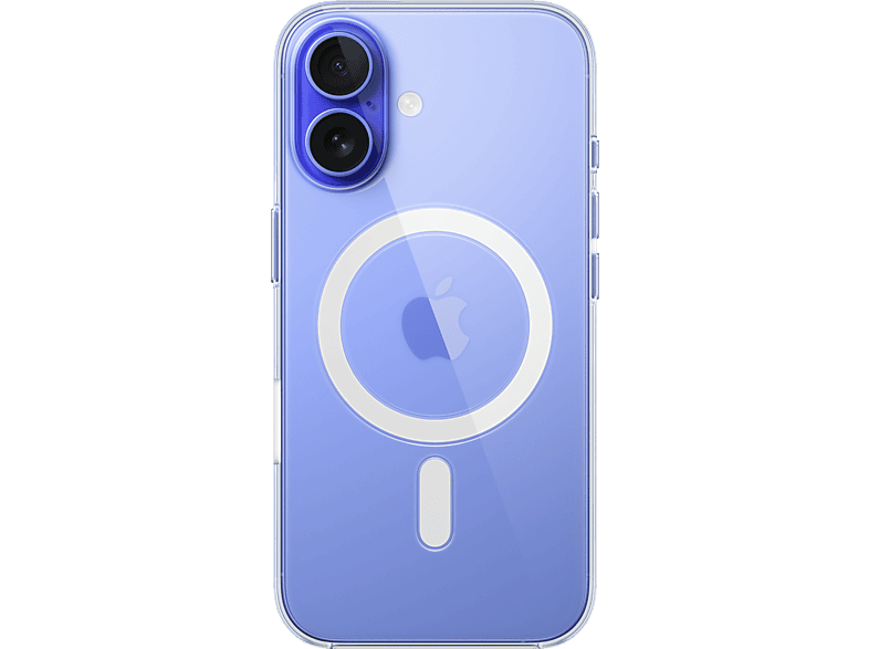 Une coque de téléphone bleu clair sur fond noir. Elle a deux objectifs d'appareil photo, un logo Apple et un anneau MagSafe blanc.