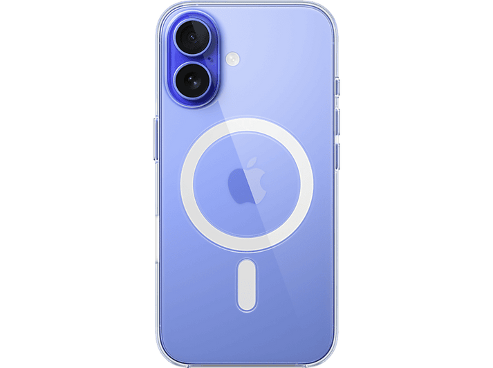 Une coque de téléphone bleu clair sur fond noir. Elle a deux objectifs d'appareil photo, un logo Apple et un anneau MagSafe blanc.