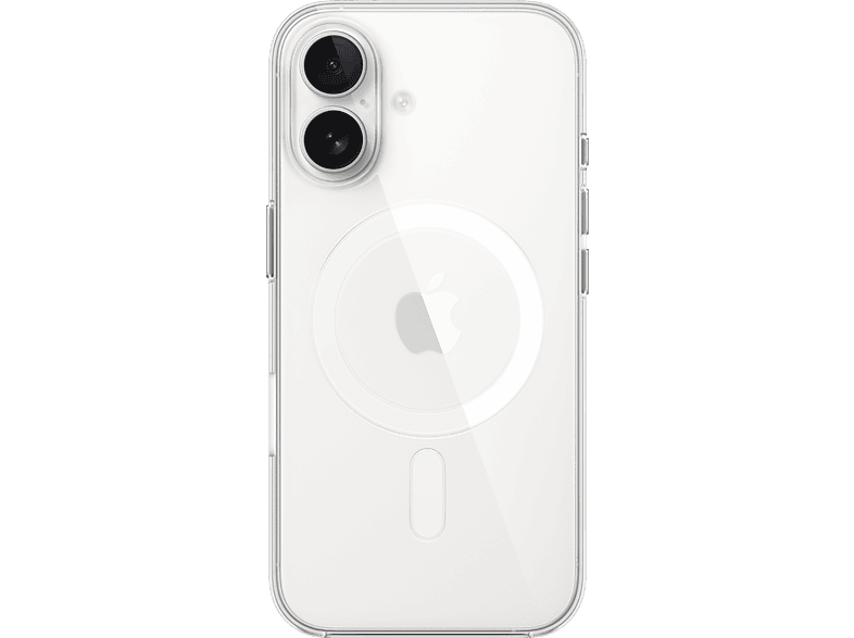 Coque de téléphone transparente avec anneau MagSafe blanc et logo Apple sur fond noir.