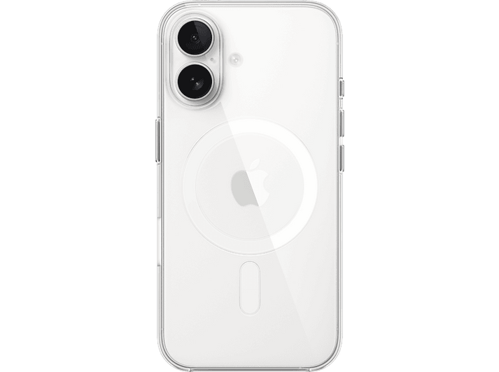Coque de téléphone transparente avec anneau MagSafe blanc et logo Apple sur fond noir.