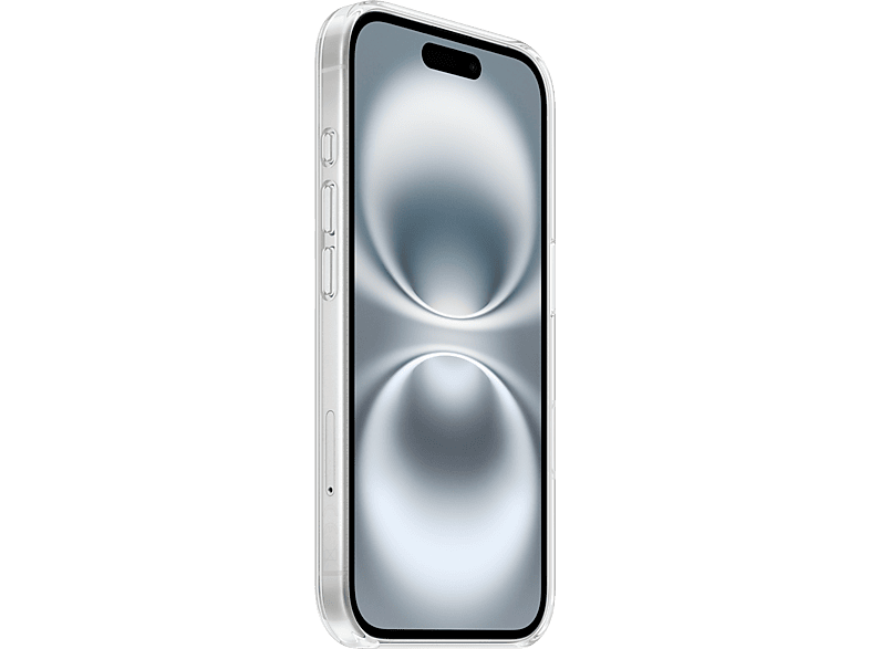 Une coque de téléphone transparente avec un téléphone à l'intérieur, montrant l'arrière avec caméra et logo Apple.