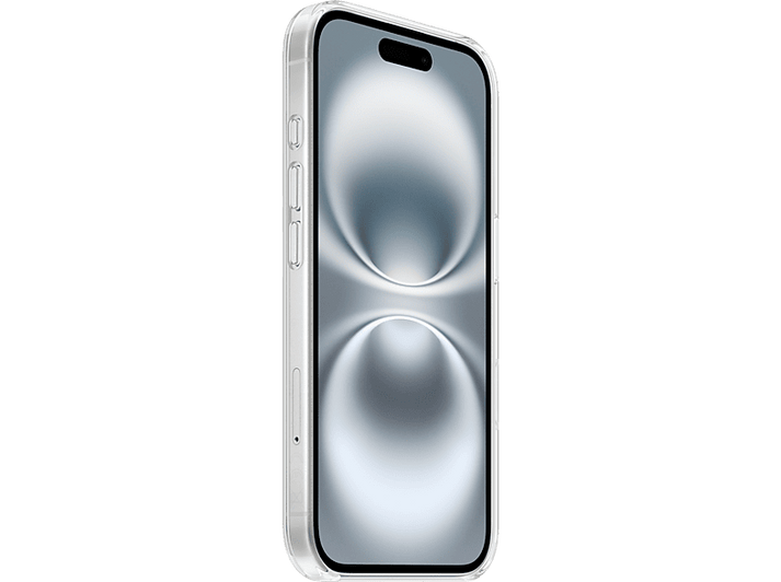 Une coque de téléphone transparente avec un téléphone à l'intérieur, montrant l'arrière avec caméra et logo Apple.