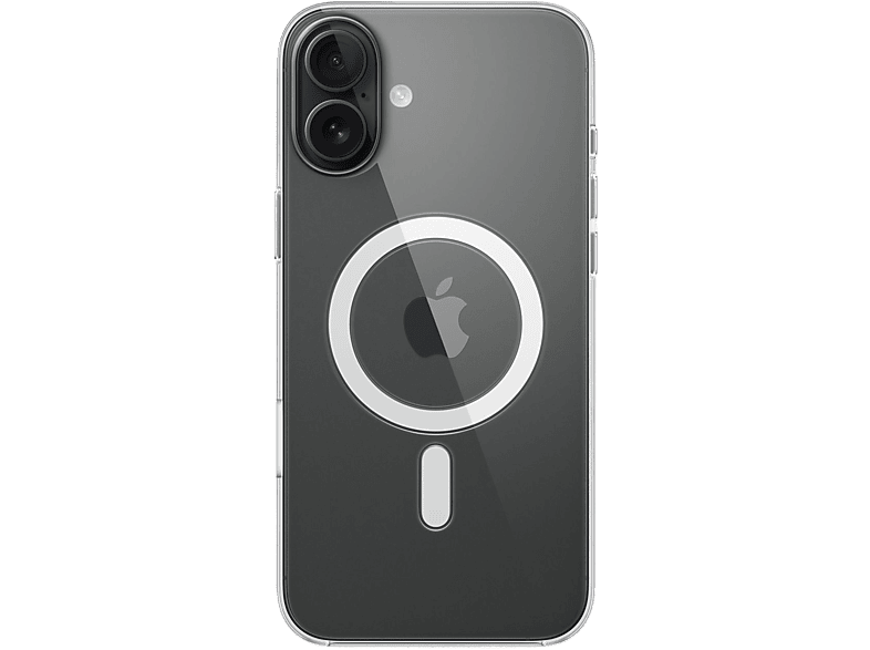 Coque iPhone transparente avec anneau MagSafe blanc et logo Apple. Le fond est noir.