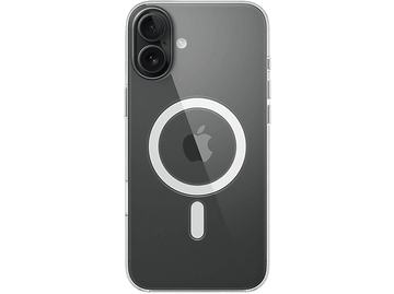 Coque iPhone transparente avec anneau MagSafe blanc et logo Apple. Le fond est noir.