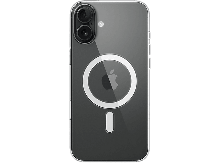 Coque iPhone transparente avec anneau MagSafe blanc et logo Apple. Le fond est noir.