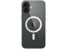 Charger l'image dans la galerie, Coque iPhone transparente avec anneau MagSafe blanc et logo Apple. Le fond est noir.
