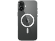 Coque iPhone transparente avec anneau MagSafe blanc et logo Apple. Le fond est noir.