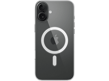 Coque iPhone transparente avec anneau MagSafe blanc et logo Apple. Le fond est noir.