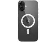 Coque iPhone transparente avec anneau MagSafe blanc et logo Apple. Le fond est noir.