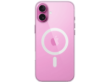 Coque de téléphone rose avec cercle MagSafe transparent sur fond blanc. Le dos du téléphone est visible.