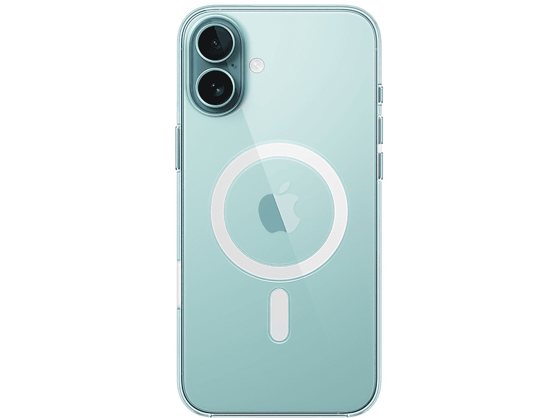 Une coque de téléphone transparente avec une teinte bleue, montrant l'arrière d'un téléphone et un cercle MagSafe.