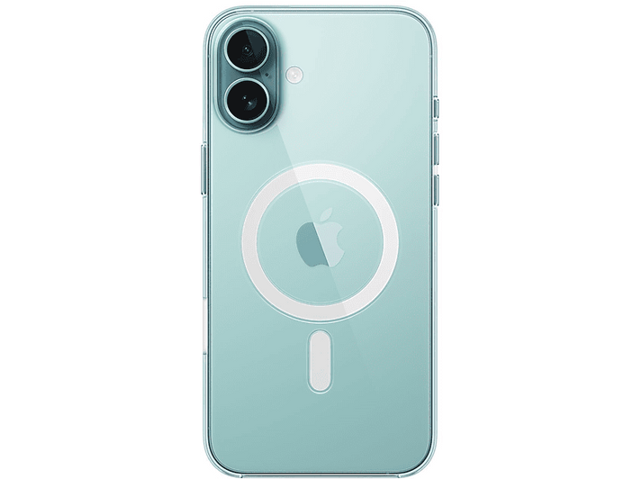 Une coque de téléphone transparente avec une teinte bleue, montrant l'arrière d'un téléphone et un cercle MagSafe.