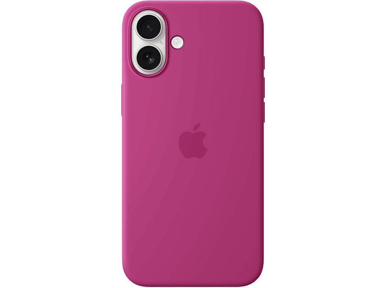 Coque d'iPhone rose avec deux objectifs et logo Apple. Fond noir.