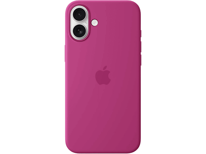 Coque d'iPhone rose avec deux objectifs et logo Apple. Fond noir.