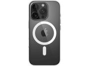 Coque iPhone transparente avec anneau MagSafe blanc. Caméras de l'iPhone visibles.