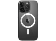 Coque iPhone transparente avec anneau MagSafe blanc. Caméras de l'iPhone visibles.