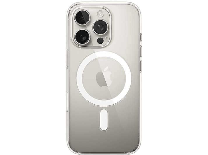 Coque de téléphone transparente avec trois objectifs d'appareil photo et un logo Apple.