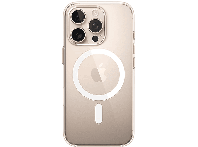 Coque transparente pour iPhone avec bosse de caméra, logo Apple et anneau MagSafe sur fond blanc.