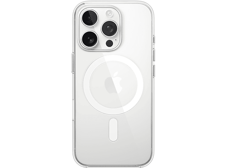Coque d'iPhone transparente avec MagSafe et logo Apple.