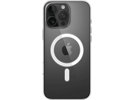 Coque de téléphone transparente avec une bosse de caméra et un cercle blanc avec un logo Apple. Le fond est noir.