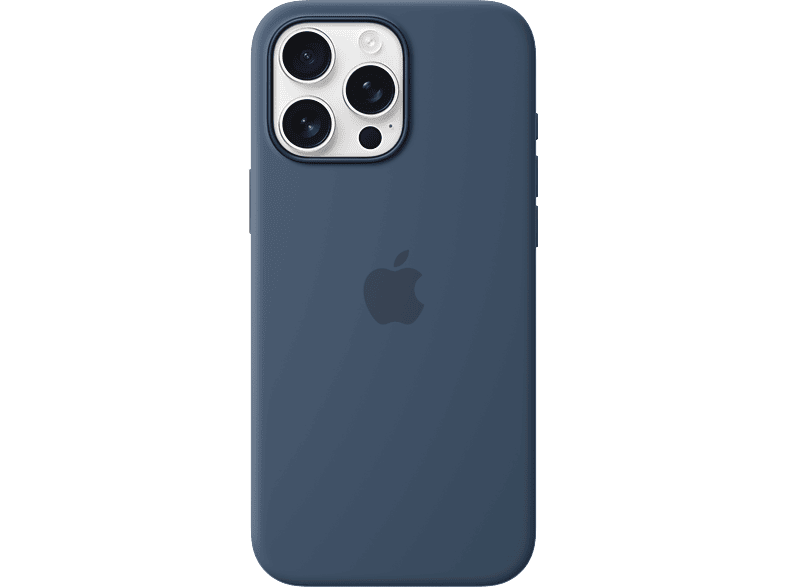 Coque iPhone bleue avec le logo Apple bleu foncé. Le fond est noir.
