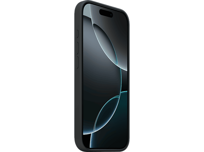iPhone noir dans un étui noir, vue latérale. L'écran est allumé, affichant un fond sombre et abstrait.
