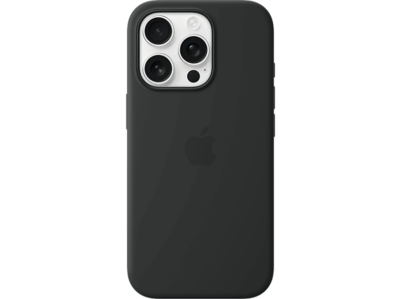 Vue arrière d'une coque d'iPhone noire avec le logo Apple. Elle a une découpe pour la caméra.