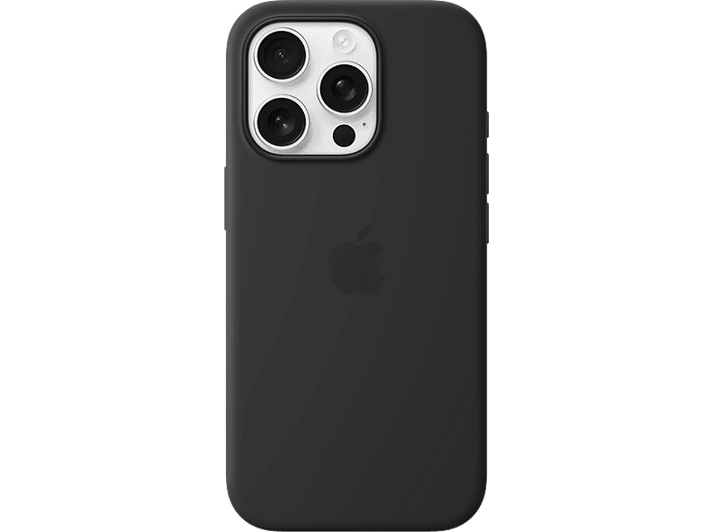 Vue arrière d'une coque d'iPhone noire avec le logo Apple. Elle a une découpe pour la caméra.