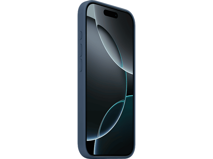 Coque de téléphone bleue sur un téléphone, écran noir. La coque a des boutons de volume.