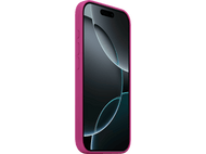 iPhone dans un étui rose, vue de côté, sur fond noir avec un design abstrait.