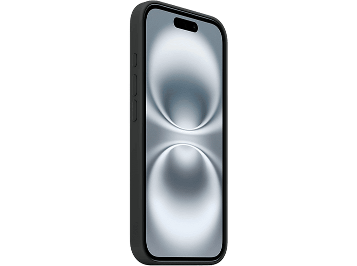 iPhone noir avec un écran affichant un design métallique incurvé. Le téléphone est dans une coque noire.