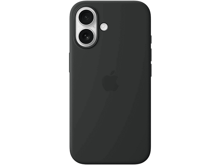 Coque de téléphone noire avec doubles caméras arrière et logo Apple, sur fond blanc.
