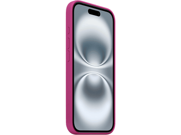 Coque de téléphone rose sur un téléphone, fond noir. Le téléphone a un écran argenté.