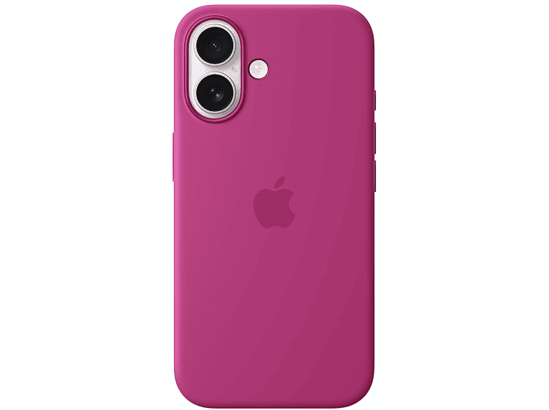 Coque de téléphone rose avec découpes pour caméra et logo Apple, sur fond blanc.