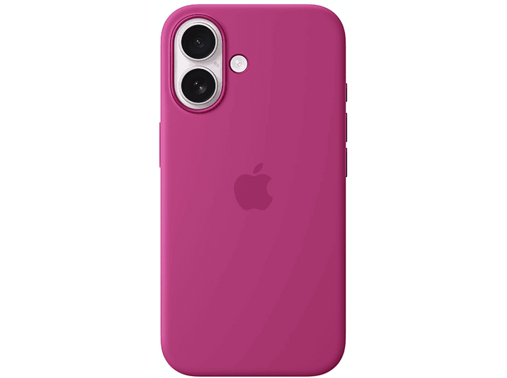 Coque de téléphone rose avec découpes pour caméra et logo Apple, sur fond blanc.