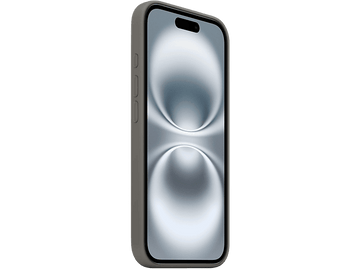 Un téléphone mobile dans un étui gris avec un écran blanc cassé.
