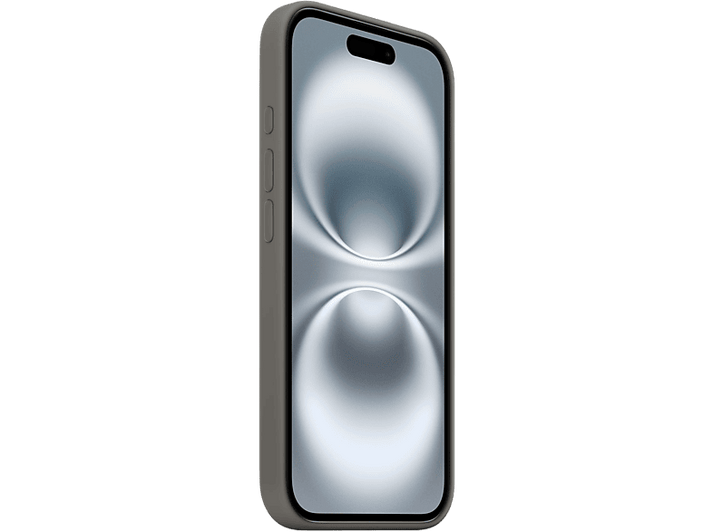 Un téléphone mobile dans un étui gris avec un écran blanc cassé.