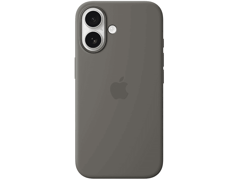 Coque de téléphone gris foncé avec logo Apple. Elle possède deux caméras et un flash à l'arrière.
