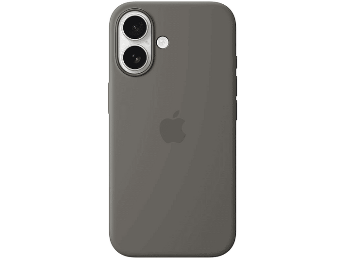 Coque de téléphone gris foncé avec logo Apple. Elle possède deux caméras et un flash à l'arrière.