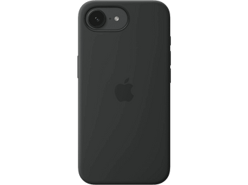 iPhone noir avec coque noire. Le logo Apple est visible au centre.