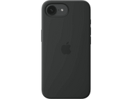 iPhone noir avec coque noire. Le logo Apple est visible au centre.