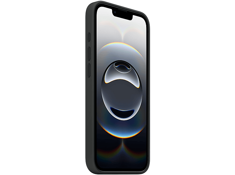 Un téléphone noir dans un étui noir. L'écran affiche un design lumineux et réfléchissant. Vue latérale.