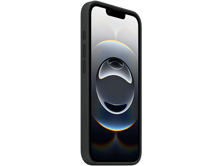 Un téléphone noir dans un étui noir. L'écran affiche un design lumineux et réfléchissant. Vue latérale.